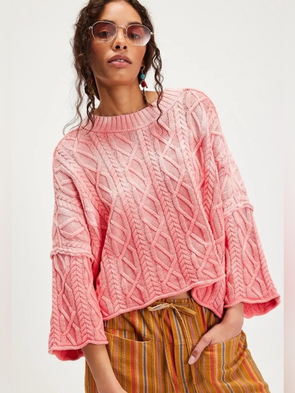 NWT Free People XS Washed Ashore Cable Knit Sweater in Pink Rose New Oversized
